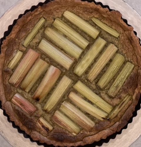 Vegan rhubarb cardamon pistachio tart